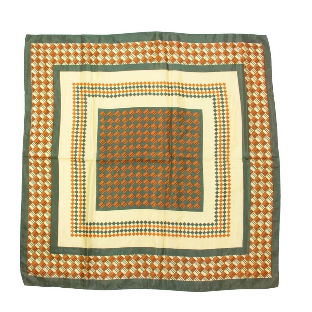 Vintage Acetate Square Scarf Made In Japan 26" Geometric Pattern Orange & Green